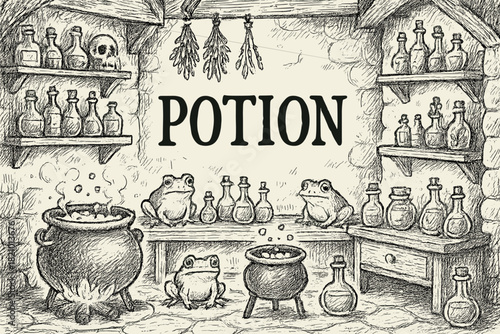 Drawing of a potion shop with two frogs in a cauldron