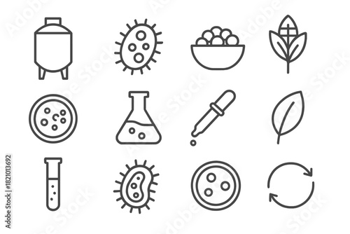 Fermentation Science Icons. Line style icons of Fermentation Science: Brewing Tank, Microbe, Sustainable Protein, Food Future;