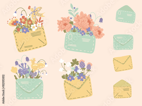 A set of vector elements featuring flowers in an envelope. Folk floral design in delicate pastel blue and yellow colors. Spring Easter mail, isolated illustrations.