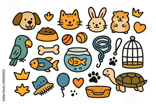 Collection of cute animal drawings, including a dog, cat, rabbit, and turtle