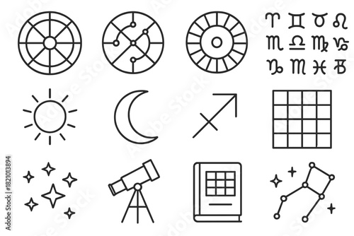 Celestial Mapping Icons. Line style icons of Celestial Mapping: Birth Chart, Planetary Positions, Astrological Houses, Zodiac