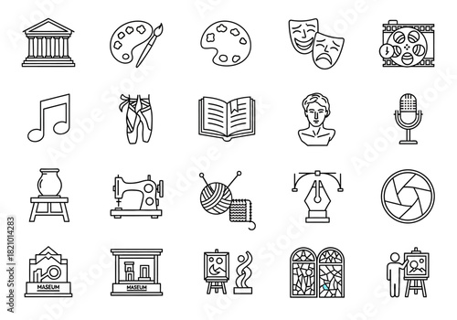 Collection of cultural and artistic icons representing various forms of creative expression and heritage