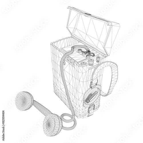 A retro field telephone suitcase with an attached microphone and open interior, rendered as a 3D wireframe model for communication technology concepts.