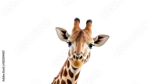 Close up of giraffe with large expressive eyes and distinctive spots, showcasing its unique features and playful demeanor