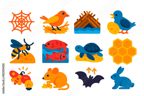 Instinctive Behavior Icons. Flat vector icons of instinctive behaviors: spider web, bird nest building, beaver dam, cuckoo chick