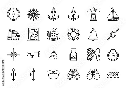Collection of outline icons for a nautical journey and maritime exploration, featuring ship, anchor, compass, and various sea travel symbols