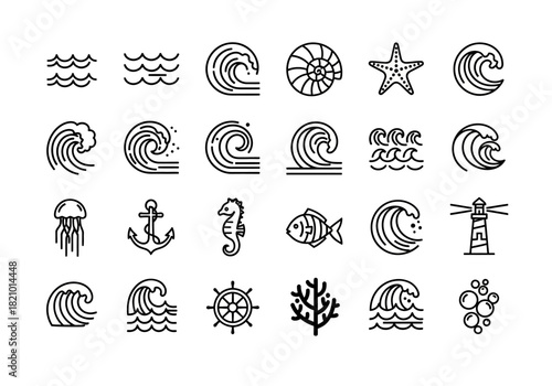 Marine life and nautical symbols icon set. Thin line art collection of ocean waves, sea creatures, and sailing elements