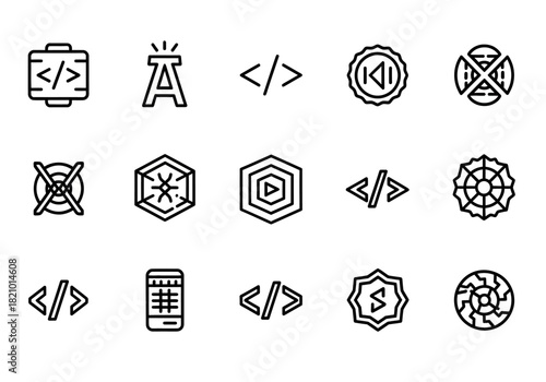 Minimalist outline icons representing software development, coding languages, and digital technology concepts from the laujrnoi design series