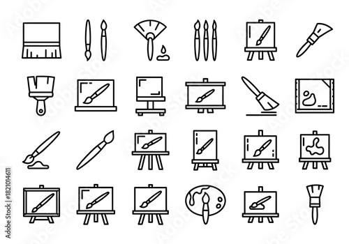 A set of line art icons representing painting and creativity, featuring artist tools like paintbrushes, easels, canvases, and palettes