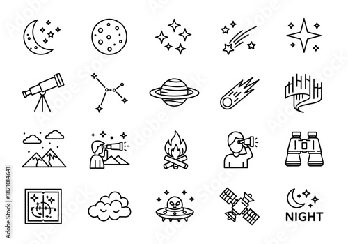 Astronomy and stargazing line icon set. Collection of simple vector symbols for celestial objects like moon, stars, planets, and telescope