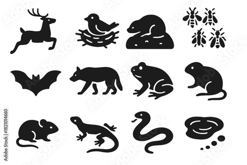 Wildlife Icon Set. Solid style icons of Wildlife response: fleeing deer, nesting bird, burrowing animal, insect swarm, bat
