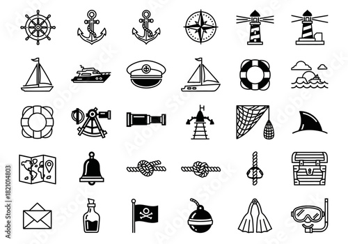 A comprehensive set of minimalist nautical and maritime line icons depicting sea travel, sailing, and ocean adventure symbols
