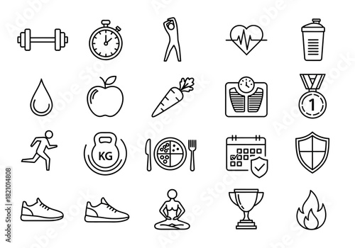 Health and fitness line icon set. A collection of symbols for a healthy lifestyle, including exercise, diet, wellness, and sport