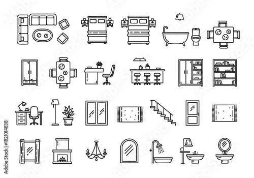 A comprehensive collection of line art icons for interior design, featuring furniture and home fixtures for architectural floor plans and layout projects