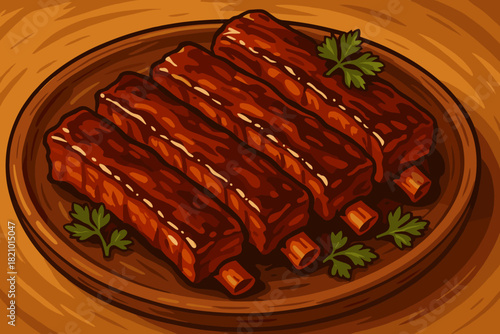Glazed BBQ Ribs. Glazed barbecue ribs served on a rustic wooden plate, garnished with fresh herbs, rich warm tones, inviting and