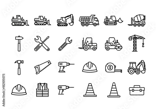 Construction and building equipment line icon set. A vector illustration collection of industrial machinery, work tools, and safety gear symbols