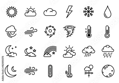 Set of weather forecast line icons. Collection of meteorological symbols for climate and atmosphere prediction