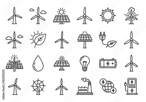 Vector icon set of renewable energy and ecology symbols. Thin line art illustrations for green power, solar panels, and wind turbines