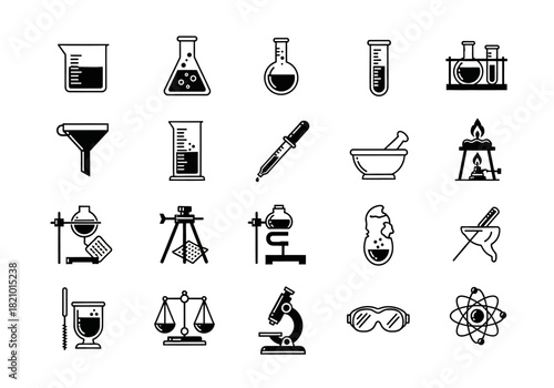 Collection of scientific laboratory equipment icons. Simple black and white outline symbols for chemistry, biology, and research projects
