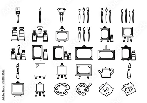 Artist tools and painting supplies icon set. Vector line art collection of creative hobby elements like easels, palettes, and brushes