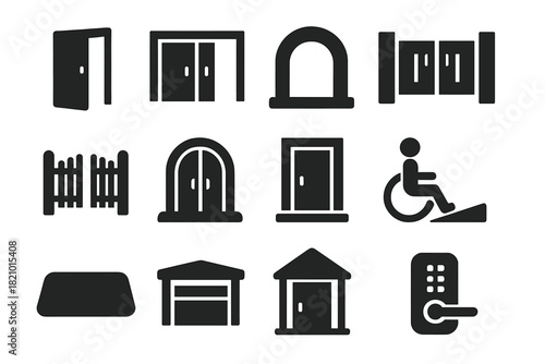 Icons of Entrances. Solid style icons of entrances and gateways: open door, sliding door icon, archway, automatic gate, open fence