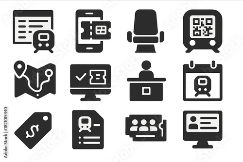Rail Management Icons. Solid style icons of booking and rail management: train schedule icon, mobile ticket, seat reservation, QR