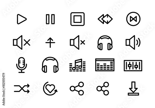 A versatile set of media player line icons for user interface design, including play, pause, volume, and shuffle controls, from the laujrnoi series (63)