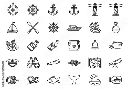 Simple line art icons representing a nautical journey, featuring maritime symbols like an anchor, ship's wheel, and compass