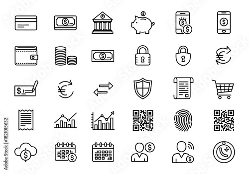Vector icon set illustrating financial technology, secure online transactions, and business analytics concepts for web and mobile design