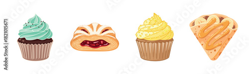 Assorted pastries and cupcakes: mint chocolate, berry danish, lemon swirl, caramel tart