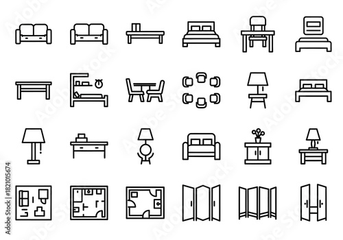 Minimalist furniture and interior design line icon set. Collection of simple outline symbols for home decor, floor plans, and architecture