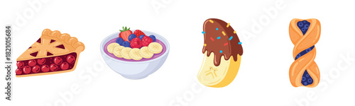Colorful array of desserts: pie, yogurt bowl, chocolate banana, blueberry pastry