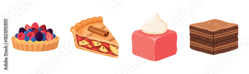 Colorful dessert collection: fruit tart, apple pie, petit four, chocolate cake