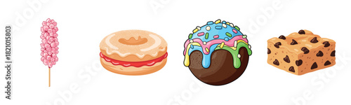 Assorted sweets: marshmallow stick, filled donut, colorful cake pop, chocolate chip cookie bar