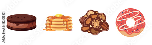 Assorted sweet treats: cookie, pancakes, nut cluster, donut delight
