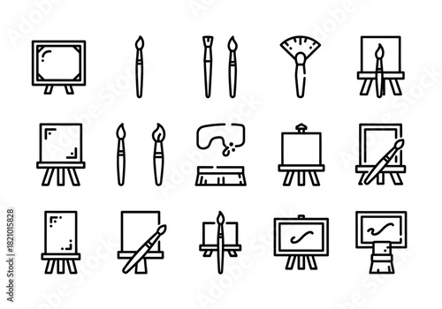 Minimalist line icon set of painter's tools and art supplies. Includes easel, canvas, and various paintbrushes for creative studio work