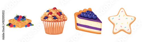 Assorted sweet treats: waffles, muffin, cheesecake, and cookie