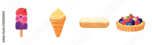 Variety of colorful desserts: ice cream, cone, eclair, and fruit tart