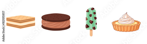 Assorted desserts: wafer, ice cream sandwich, mint popsicle, tart
