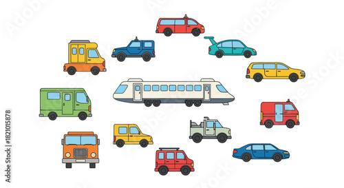Collection of cartoon vehicles cars trucks and a train on white background