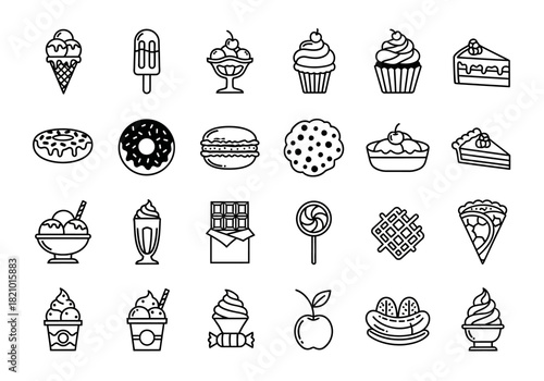 Outline icon collection of desserts and sweet food. A minimalist vector graphic set featuring cake, candy, ice cream, and pastry symbols for design