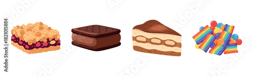 Assorted sweets set: cherry bar, chocolate cookie, tiramisu slice, rainbow candy