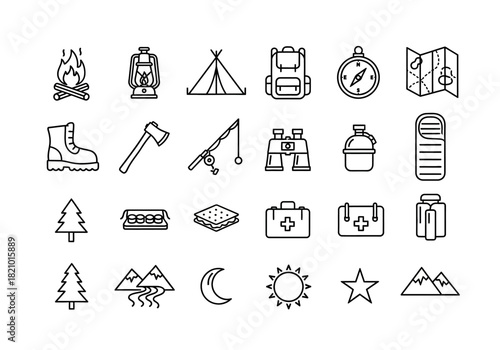 Outdoor adventure and camping equipment icon collection. Linear symbols for hiking, travel, and exploration, including campfire, tent, and map icons