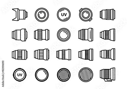 Set of photography equipment vector icons featuring different types of dslr camera lenses, uv filters, and lens hoods in a clean outline style