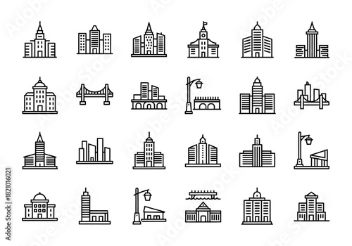 Cityscape Elements and Government Building Line Icon Set. Vector illustrations of urban architecture, courthouse, and town hall symbols