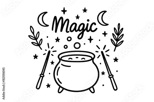 Black and white drawing of a magic cauldron with a wand and stars