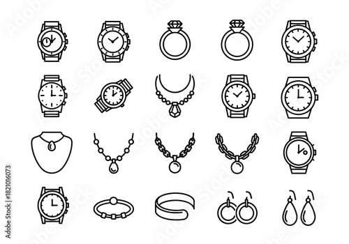 Vector icon set of luxury fashion accessories including wristwatches, diamond rings, elegant necklaces, and stylish earrings
