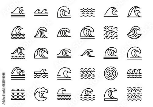 A diverse set of ocean and sea wave line art icons. Includes various styles like curling surf, water splashes, and ripple symbols for graphic design