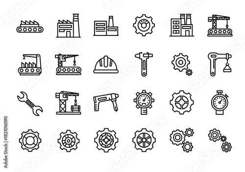 Industrial process and mechanical engineering icon collection showing factory machinery, production lines, and engineering tools