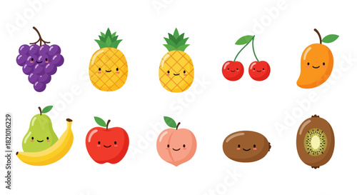 Collection of colorful cartoon fruits with smiling faces and simple design